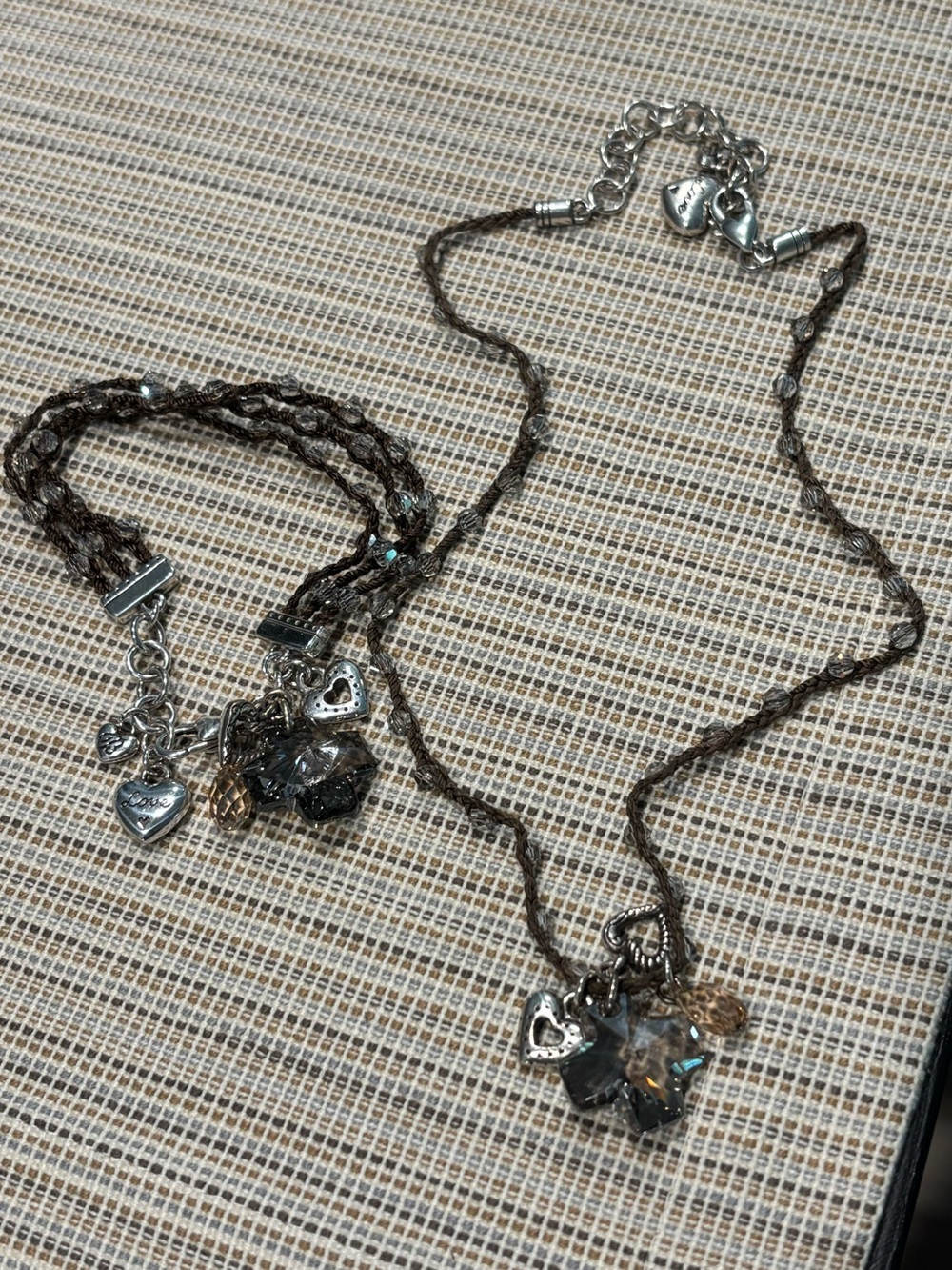Brighton Karma Cross Bracelet and Necklace; Brown Cord Silver Crystals
